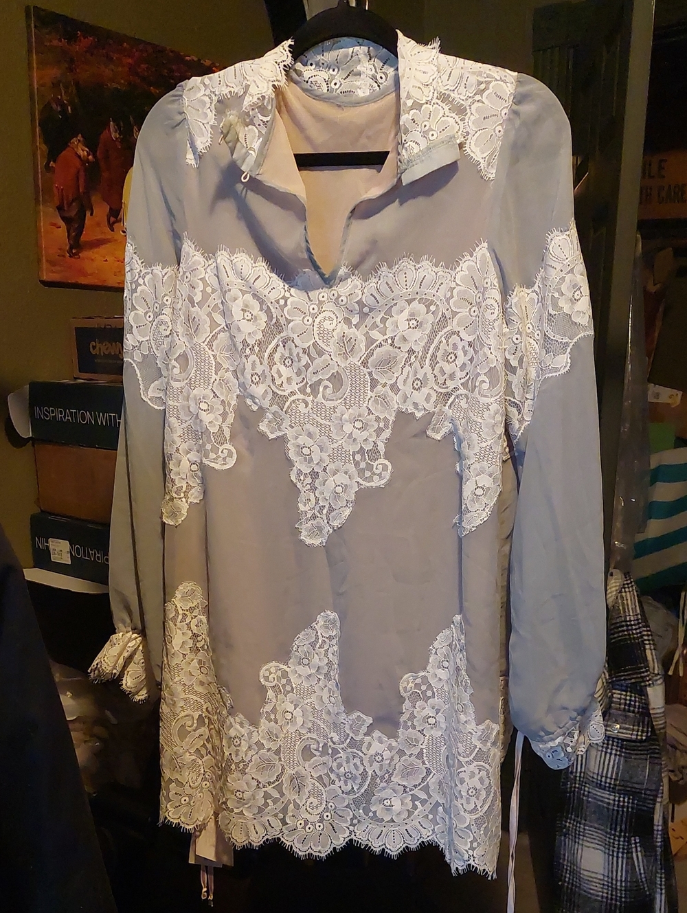 Lace Paneled Long Sleeve Women's Top - Cream. Tunic or dress.